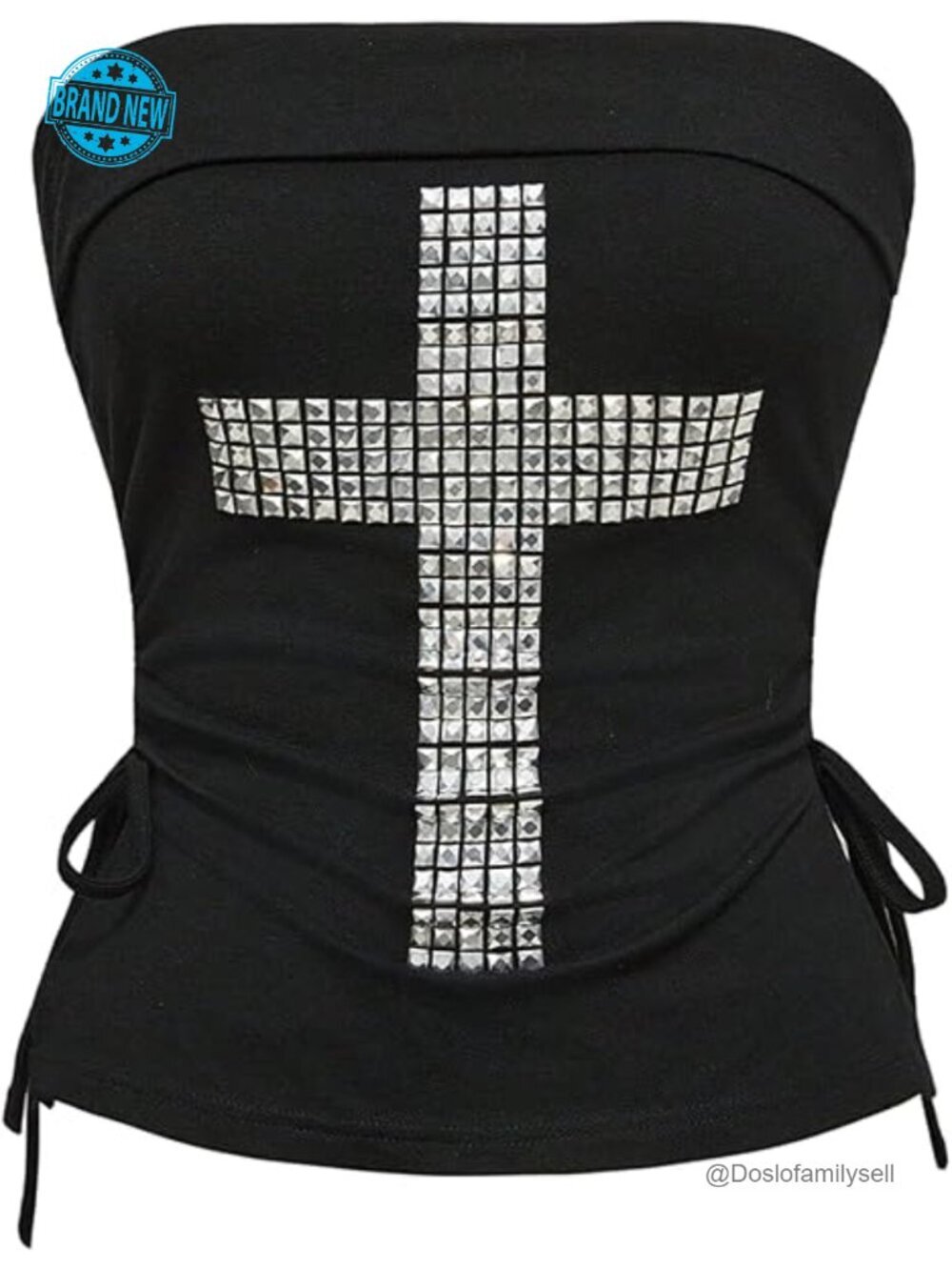 Goth Punk Cross Studded Tube Top Ruched Drawstring Side Bandeau Top